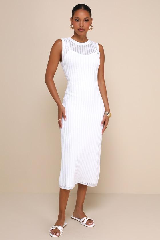 Effortlessly Sultry White Ribbed Knit Bodycon Midi Dress Product Image