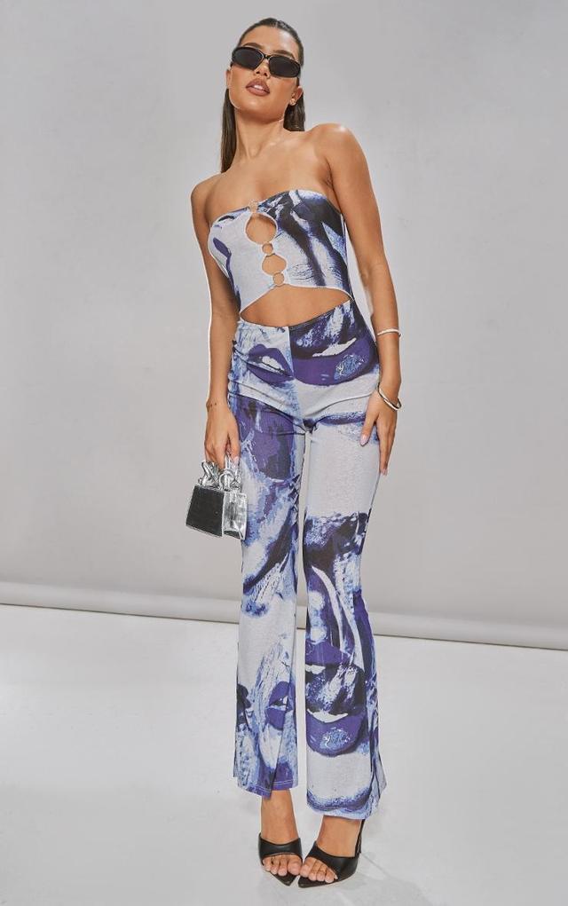 Blue Printed Ring Detail Burn Out Mesh Flared Jumpsuit Product Image