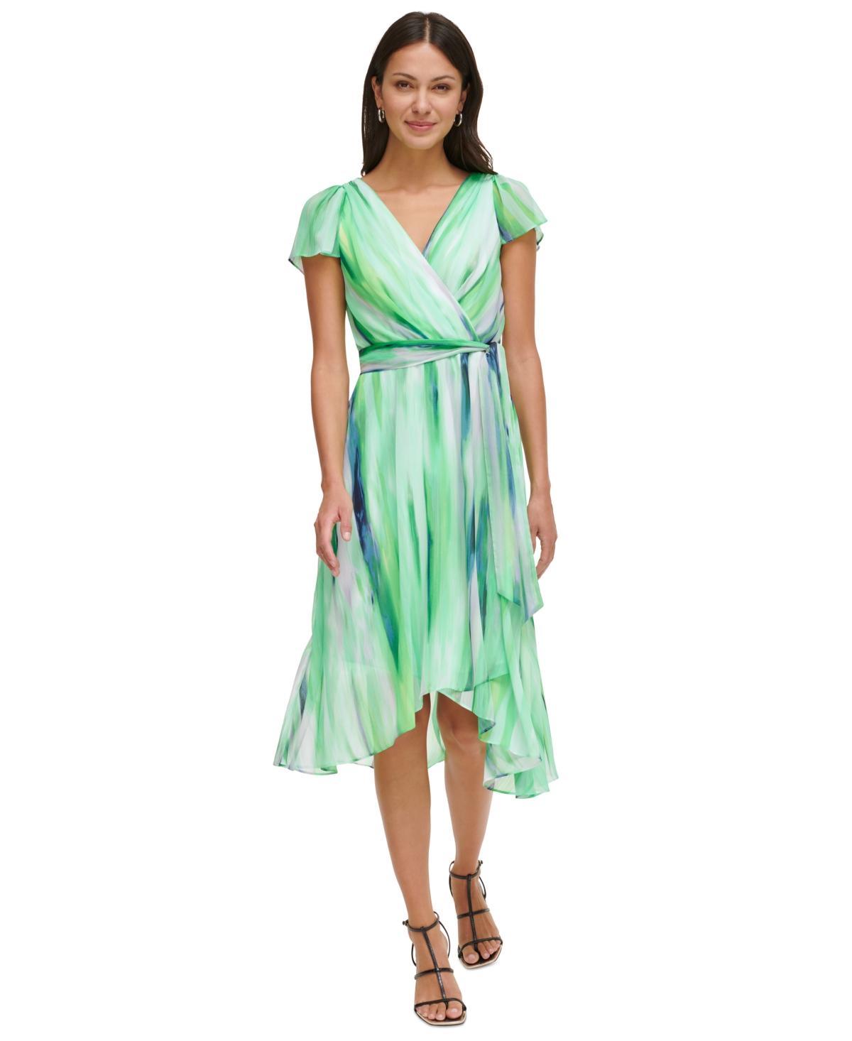 Dkny Womens Printed Flutter-Sleeve High-Low Dress Product Image