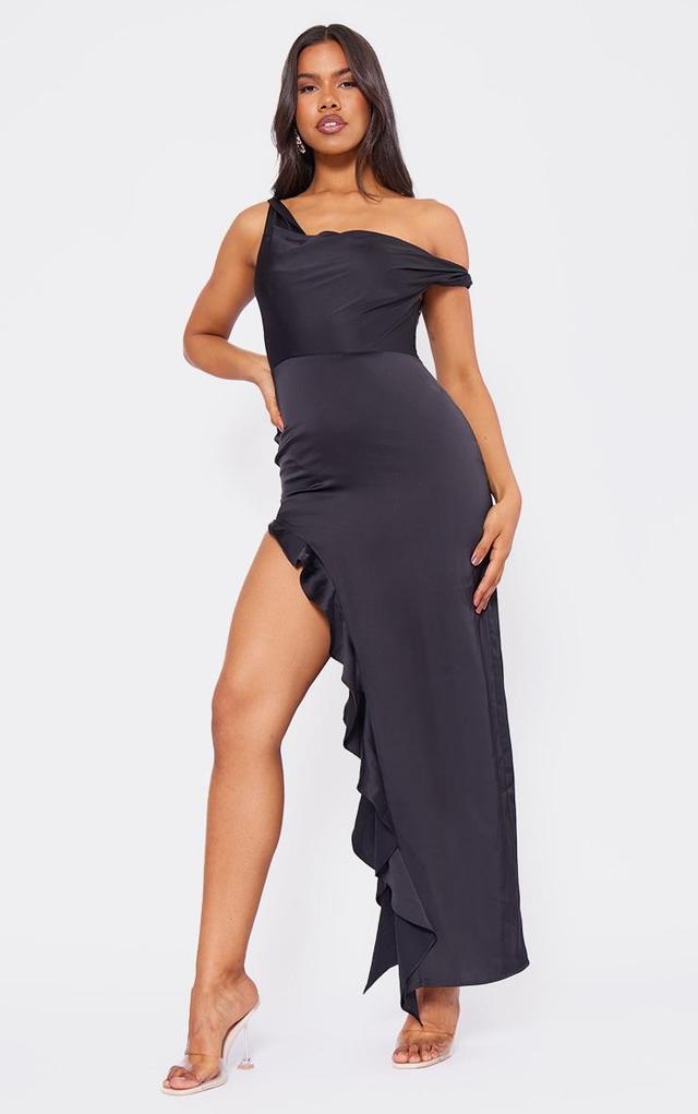 Black Satin Bardot Frill Hem Maxi Dress Product Image