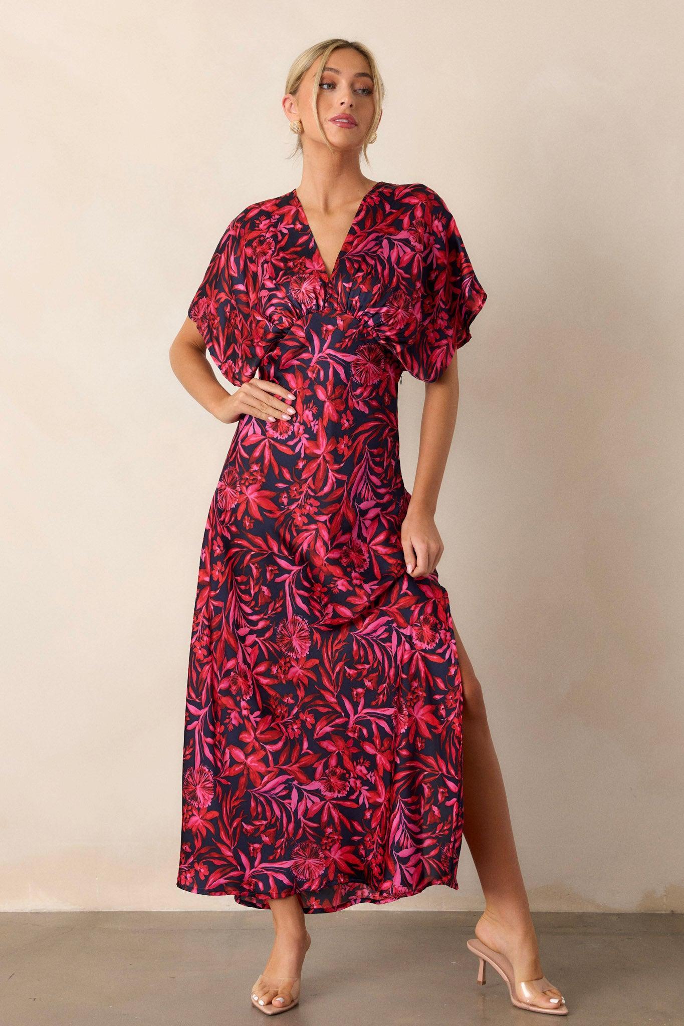 Waltz Through Time Fuchsia Floral Satin Maxi Dress Product Image