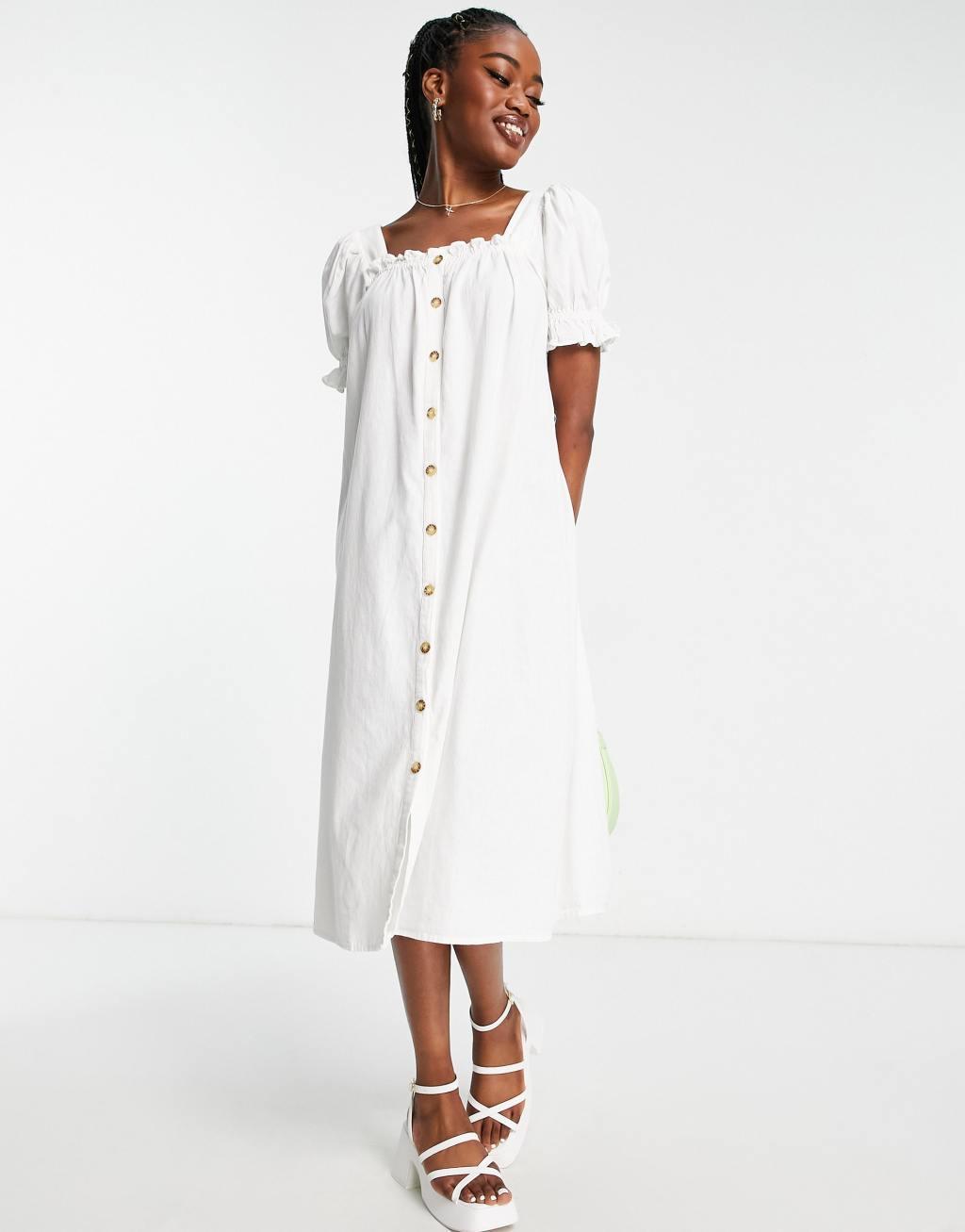 Pieces exclusive puff sleeve midi button through dress in white Product Image