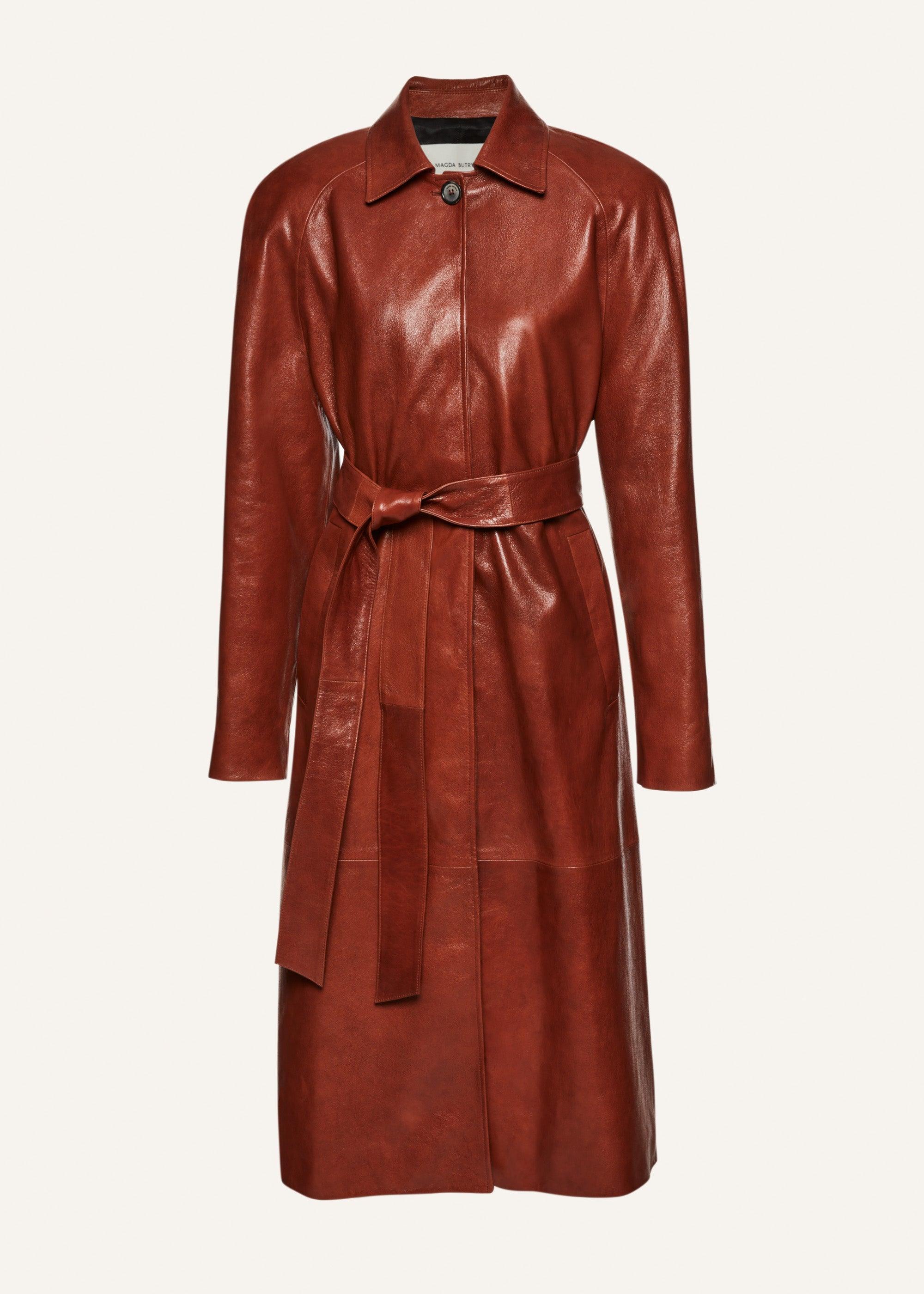 Belted leather coat in camel Product Image