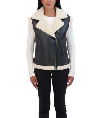 Women's Moto Zip Front Faux Leather Shearling Vest Product Image