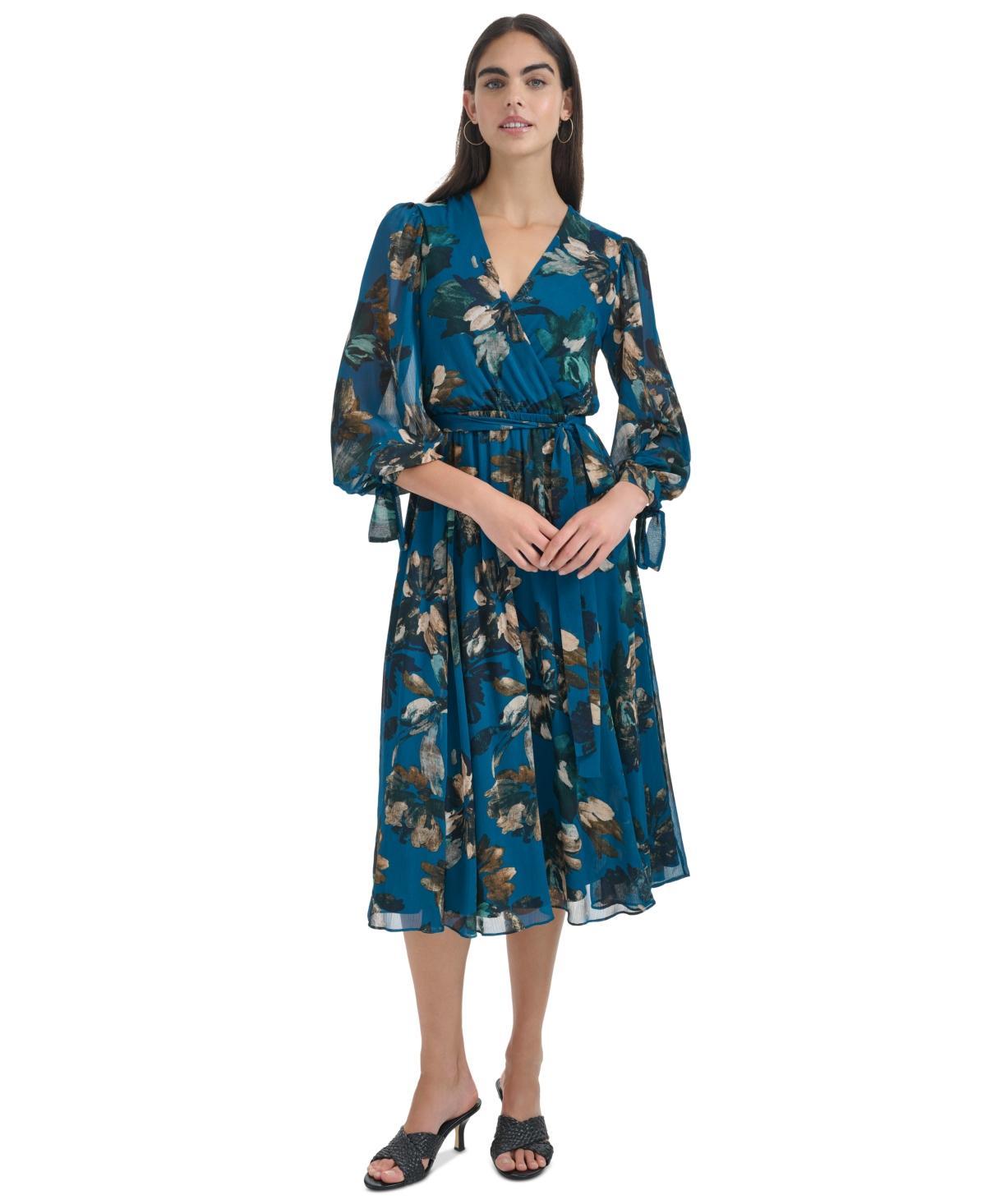 Calvin Klein Womens Printed Long-Sleeve A-Line Dress Product Image