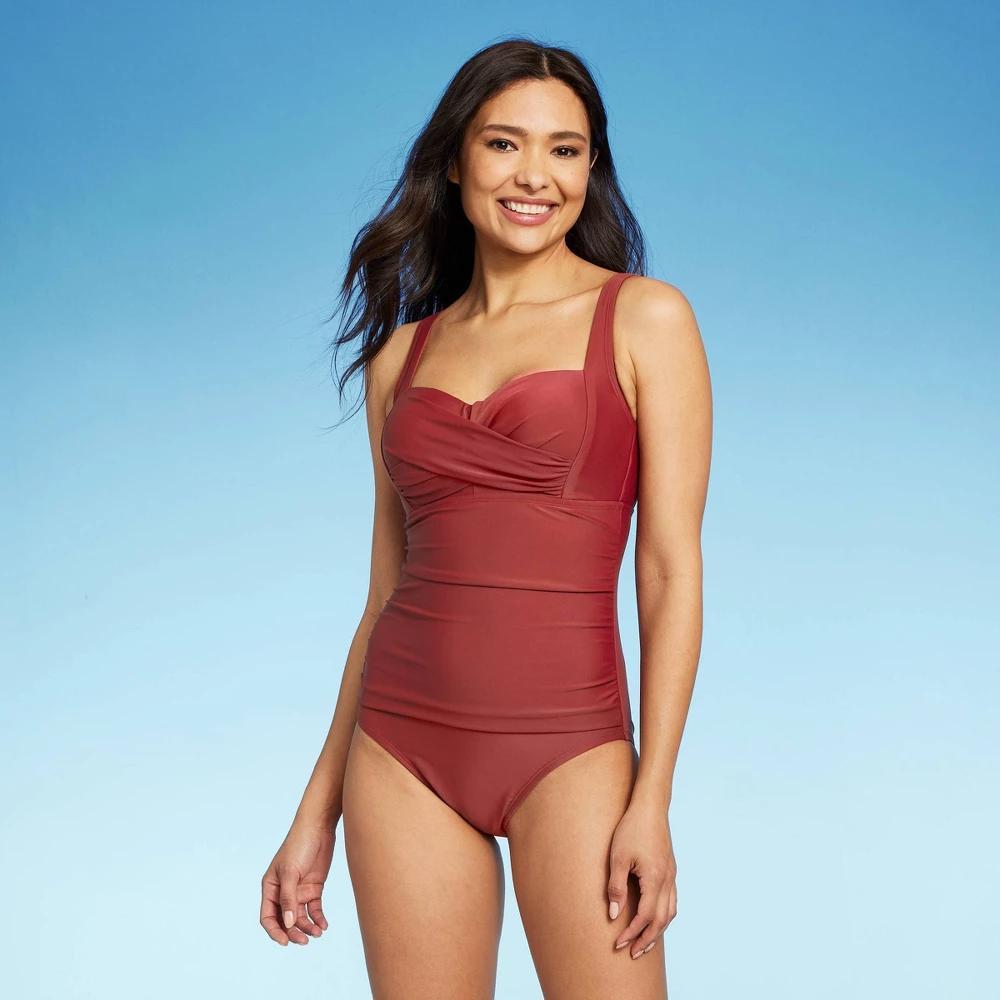 Womens Twist-Front Square Neck Full Coverage One Piece Swimsuit with Tummy Control - Kona Sol Burgundy XL Product Image