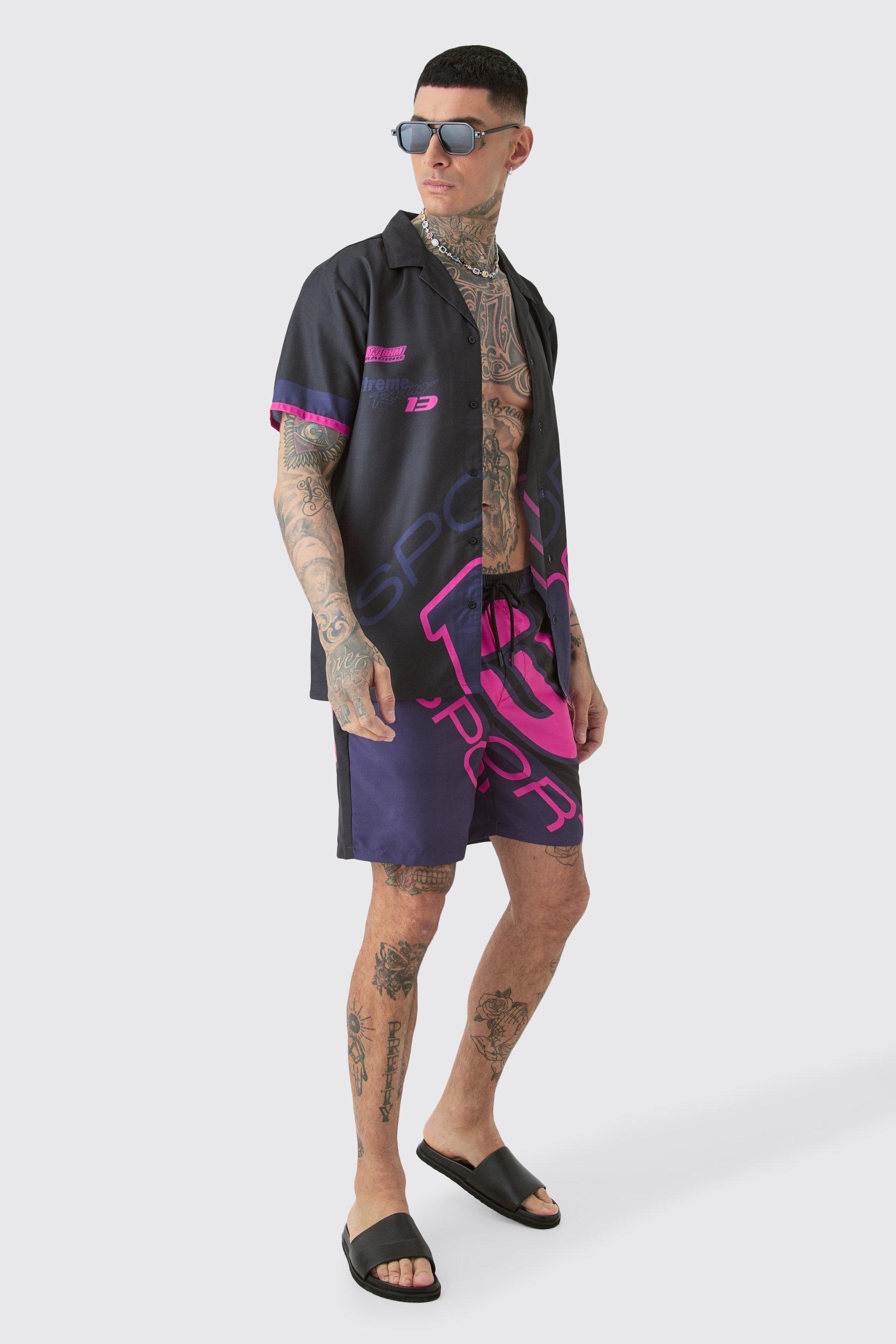 Tall Regular Moto Print Shirt & Swim Trunks Set | boohooMAN USA Product Image