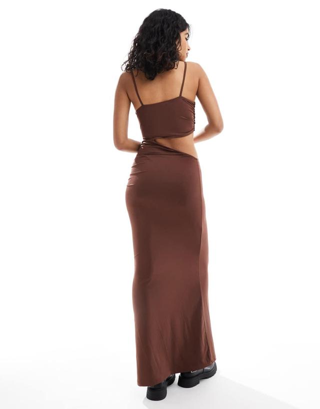 ASOS DESIGN cut out slinky maxi dress in brown Product Image