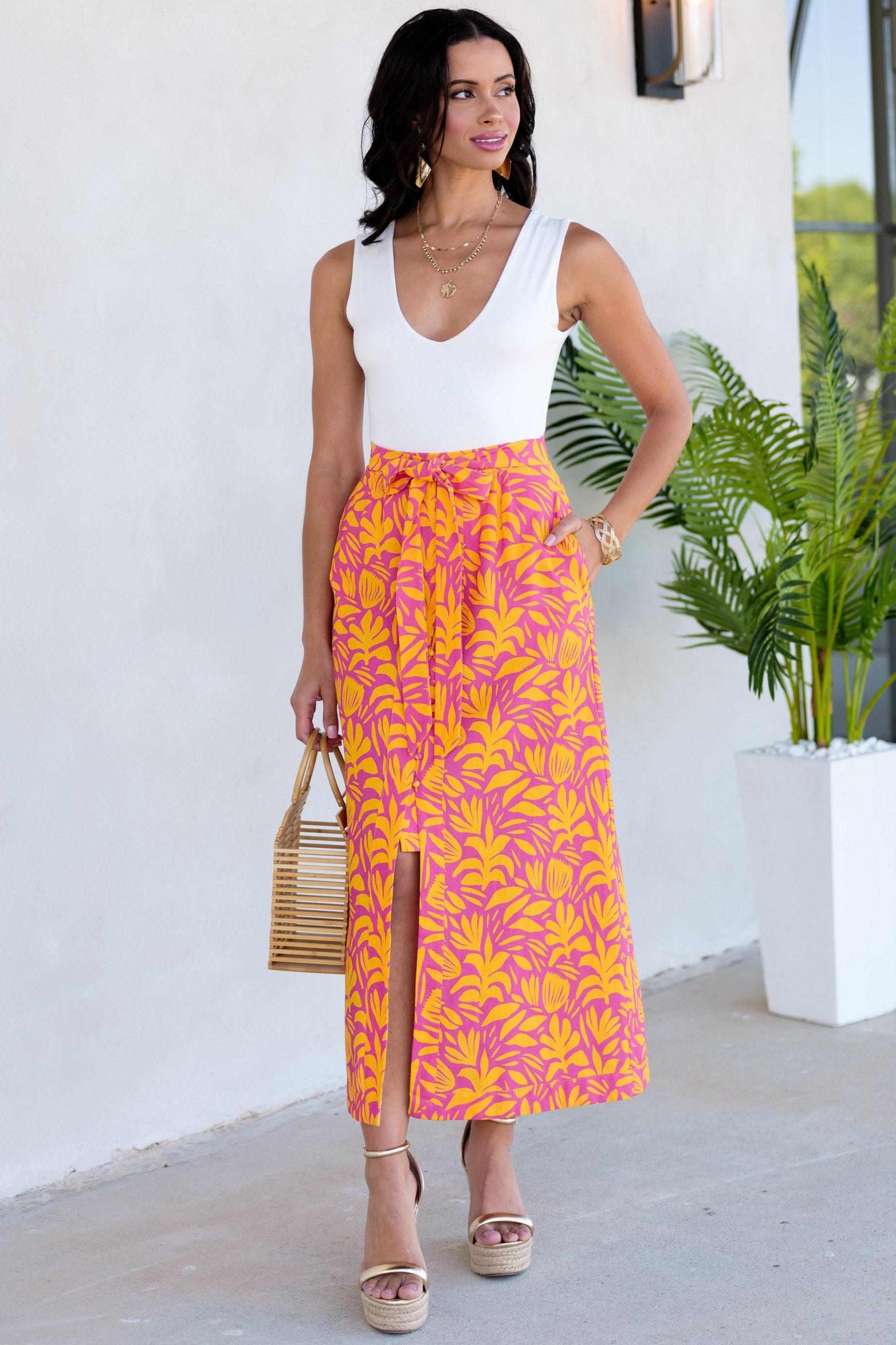 Palms Away Wild Over You Pink Yellow Print Skirt Product Image