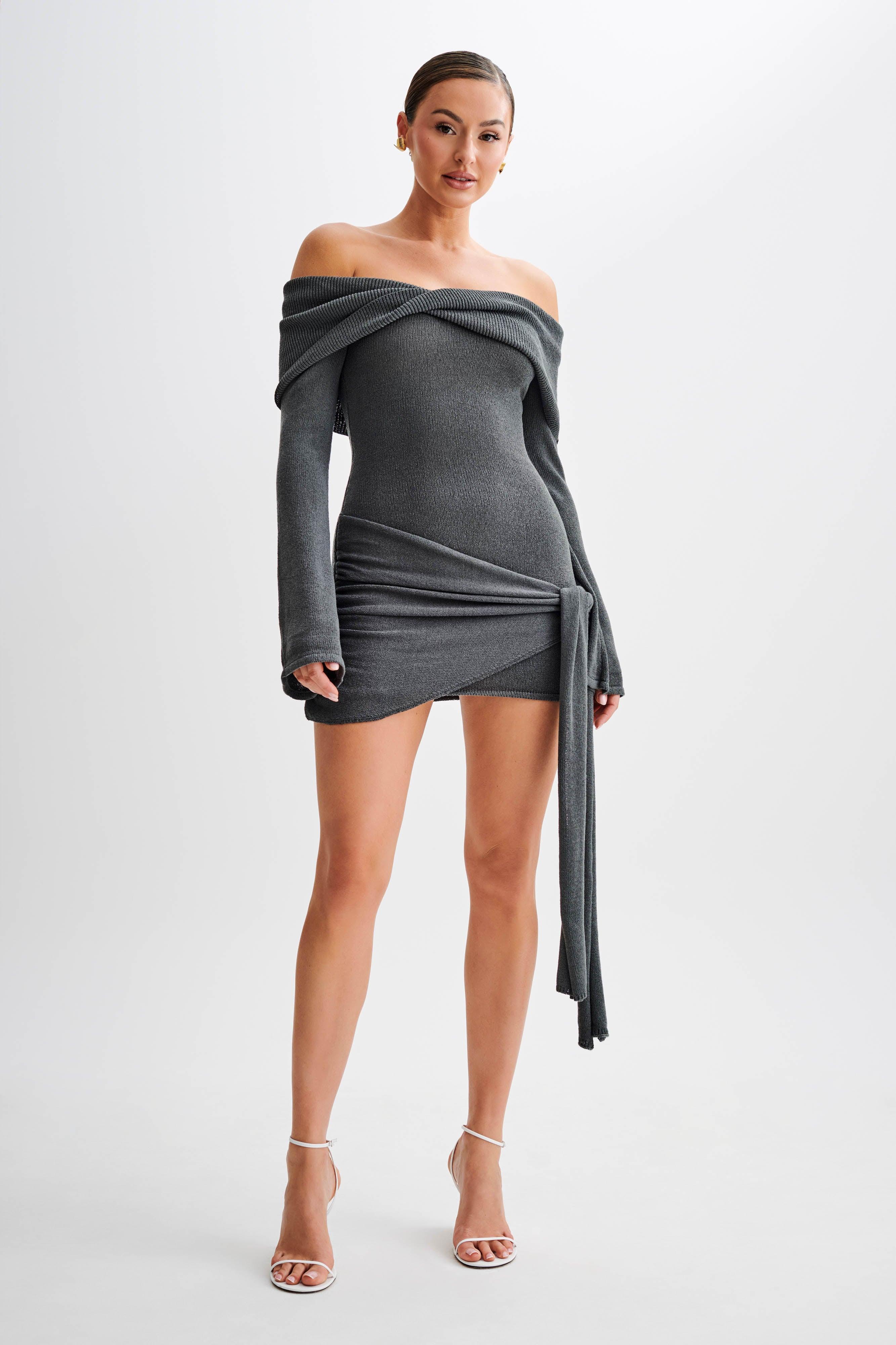 Camryn Off Shoulder Tie Knit Mini Dress - Charcoal Product Image