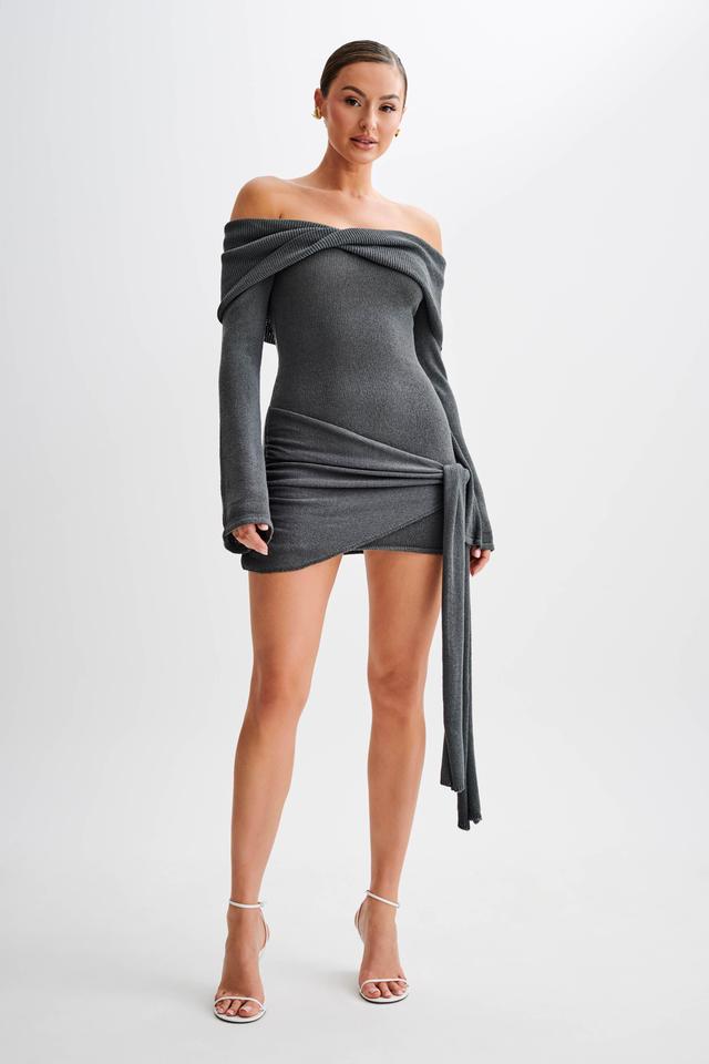 Camryn Off Shoulder Tie Knit Mini Dress - Charcoal Product Image