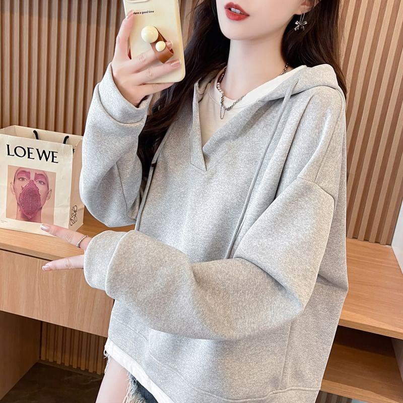 Mock Two-Piece Round Neck Two Tone Drawstring Hoodie Product Image