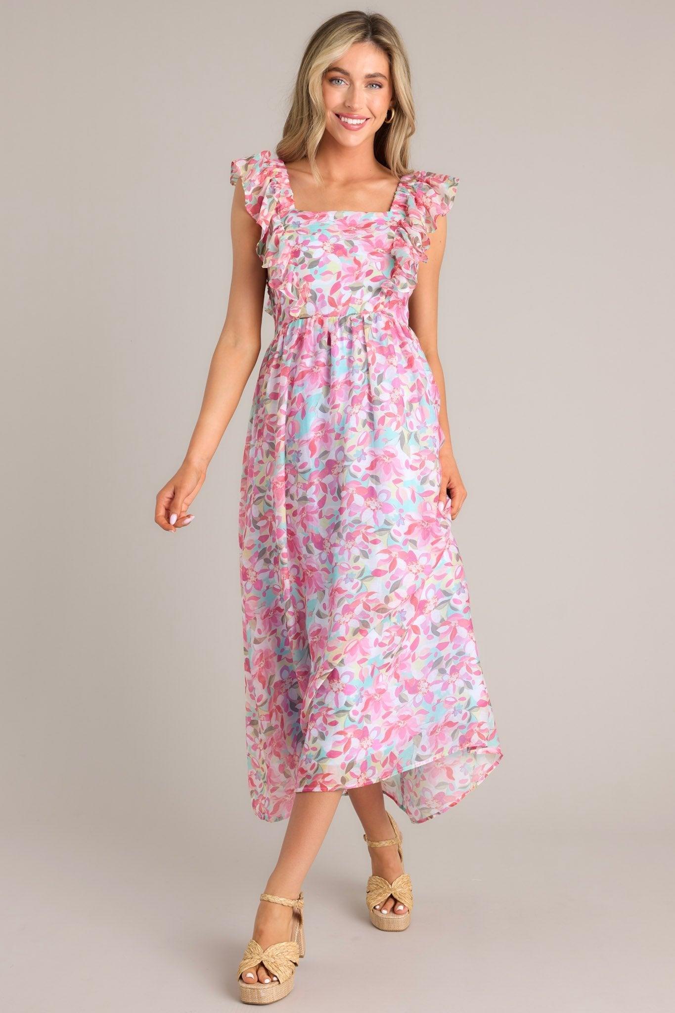 Garden Gala Pink Floral Ruffle Sleeve Midi Dress Product Image