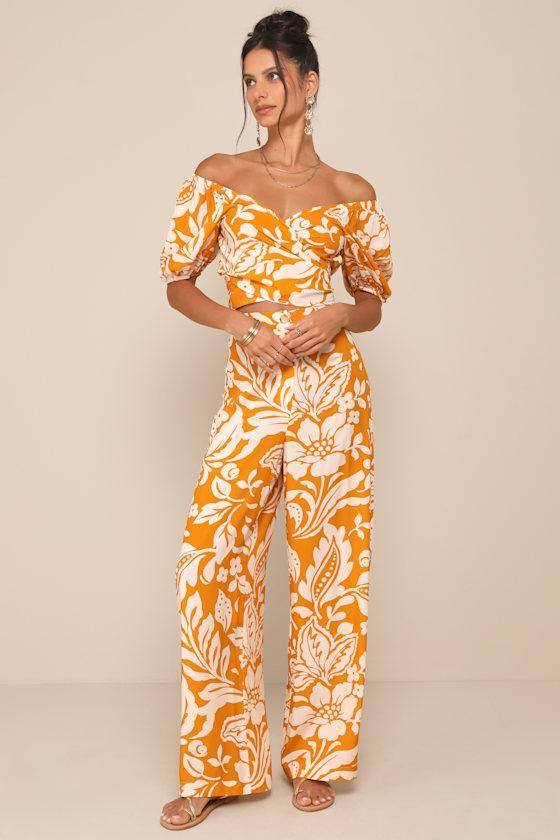 Double the Charm Orange Floral High-Rise Straight Leg Pants Product Image