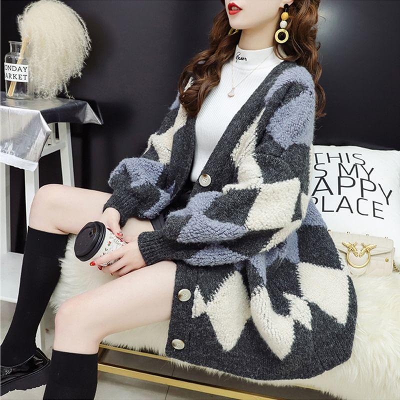 V-Neck Color Block Cardigan Product Image