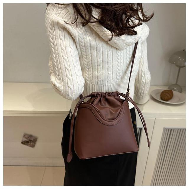 Plain Drawstring Faux Leather Bucket Bag Product Image