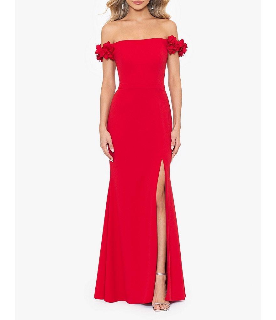 Xscape Scuba Crepe Off-the-Shoulder Ruffle Sleeve Gown Product Image