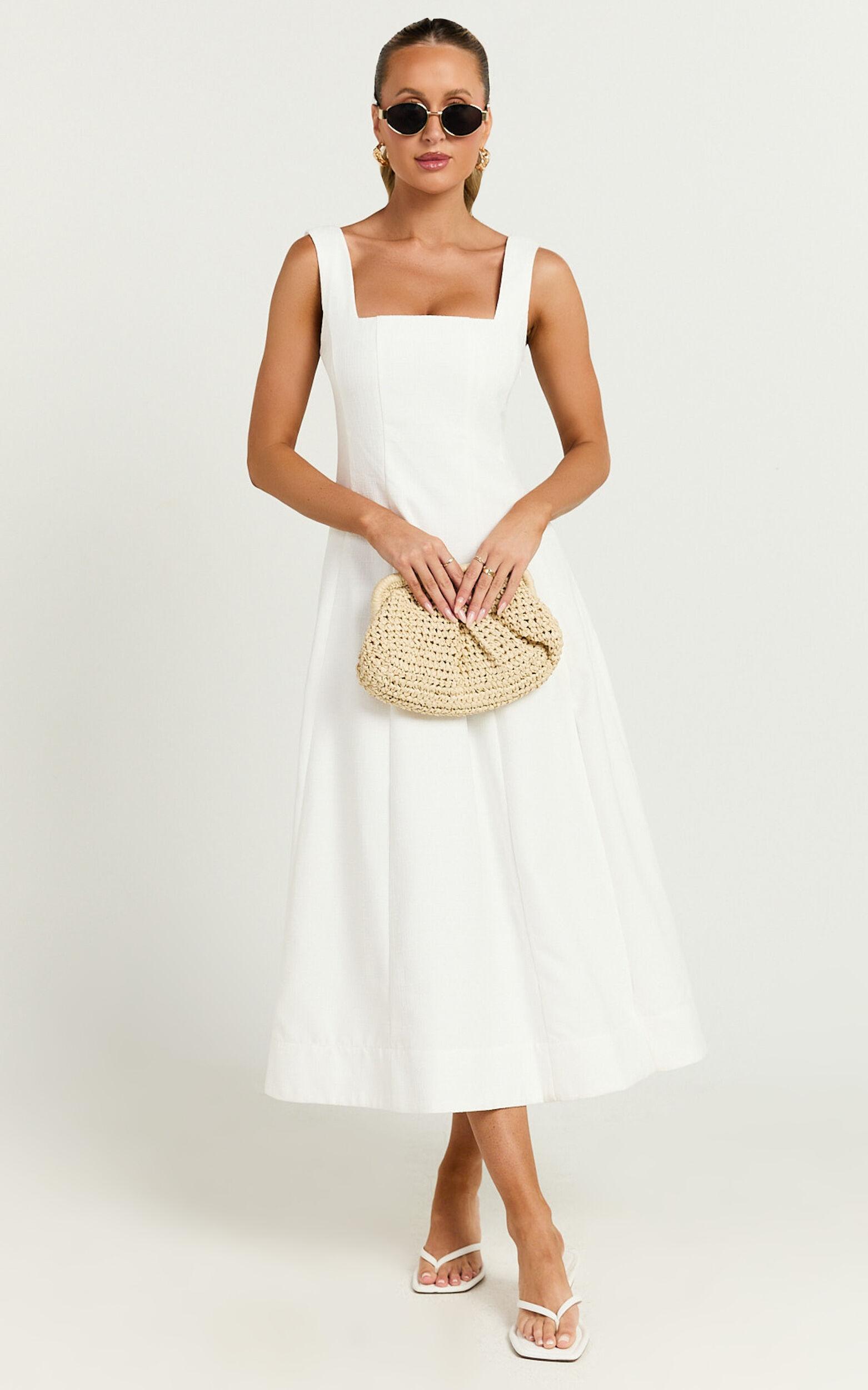 Walters Midi Dress - Square Neck Shirred Back Fit and Flare Panel Dress in White Product Image