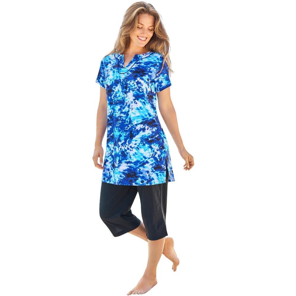 Swim 365 Women's Plus Size Longer Length Short-Sleeve Swim Tunic - 40, Multi Underwater Tie Dye Product Image