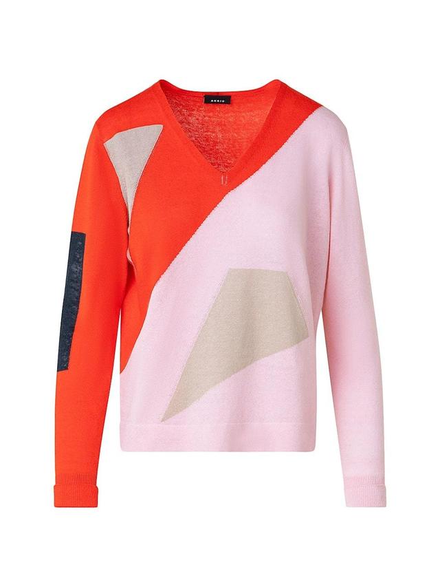 Womens Colorblock Linen-Cotton V-Neck Sweater Product Image