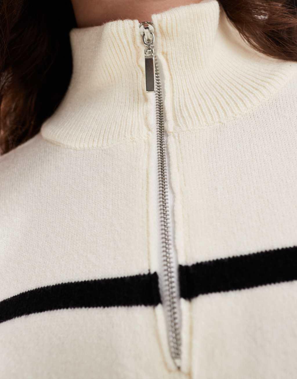 YAS zip neck knit sweater in cream and black stripes - part of a set Product Image