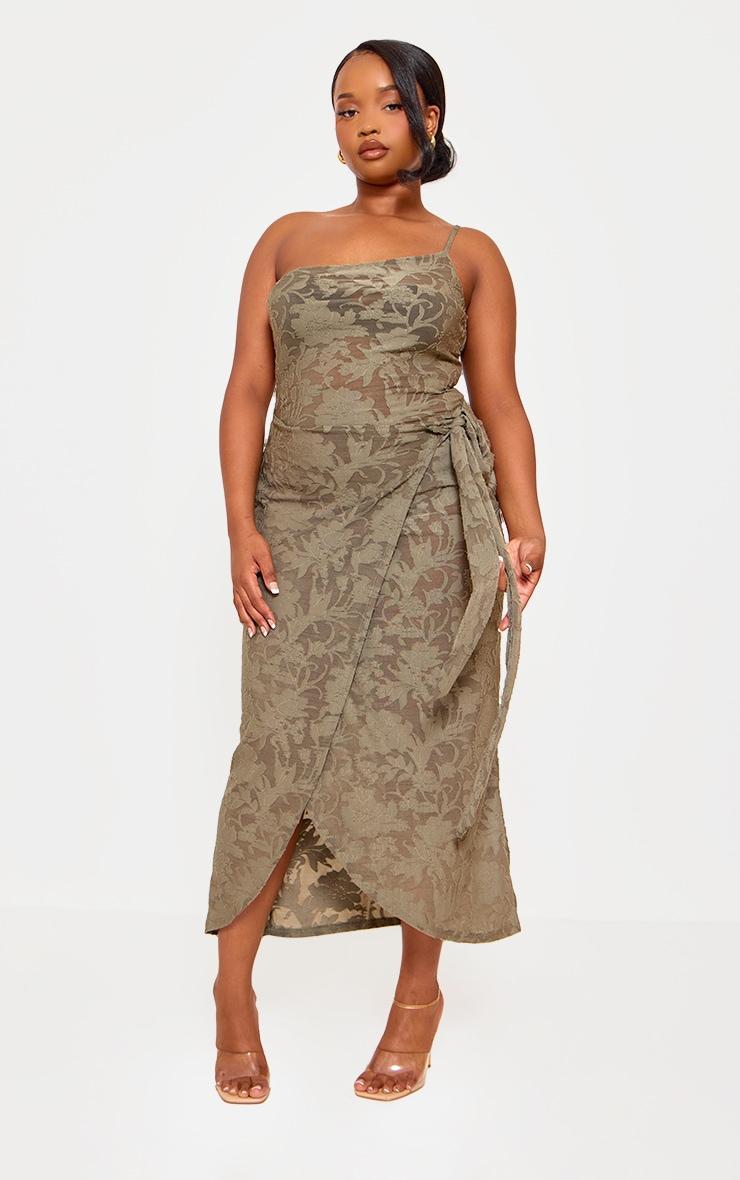 Plus Khaki Floral Tie Side Midi Dress Product Image