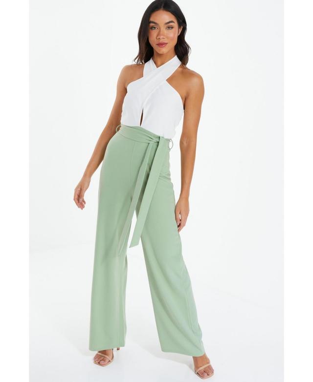 Women's Mesh Scuba Crepe Cross Front Tie Belt Palazzo Jumpsuit Product Image