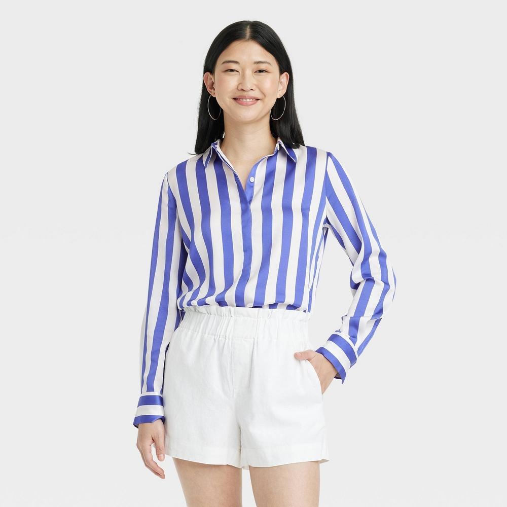 Womens Slim Fit Long Sleeve Satin Button-Down Shirt - A New Day Blue/White Striped XL Product Image