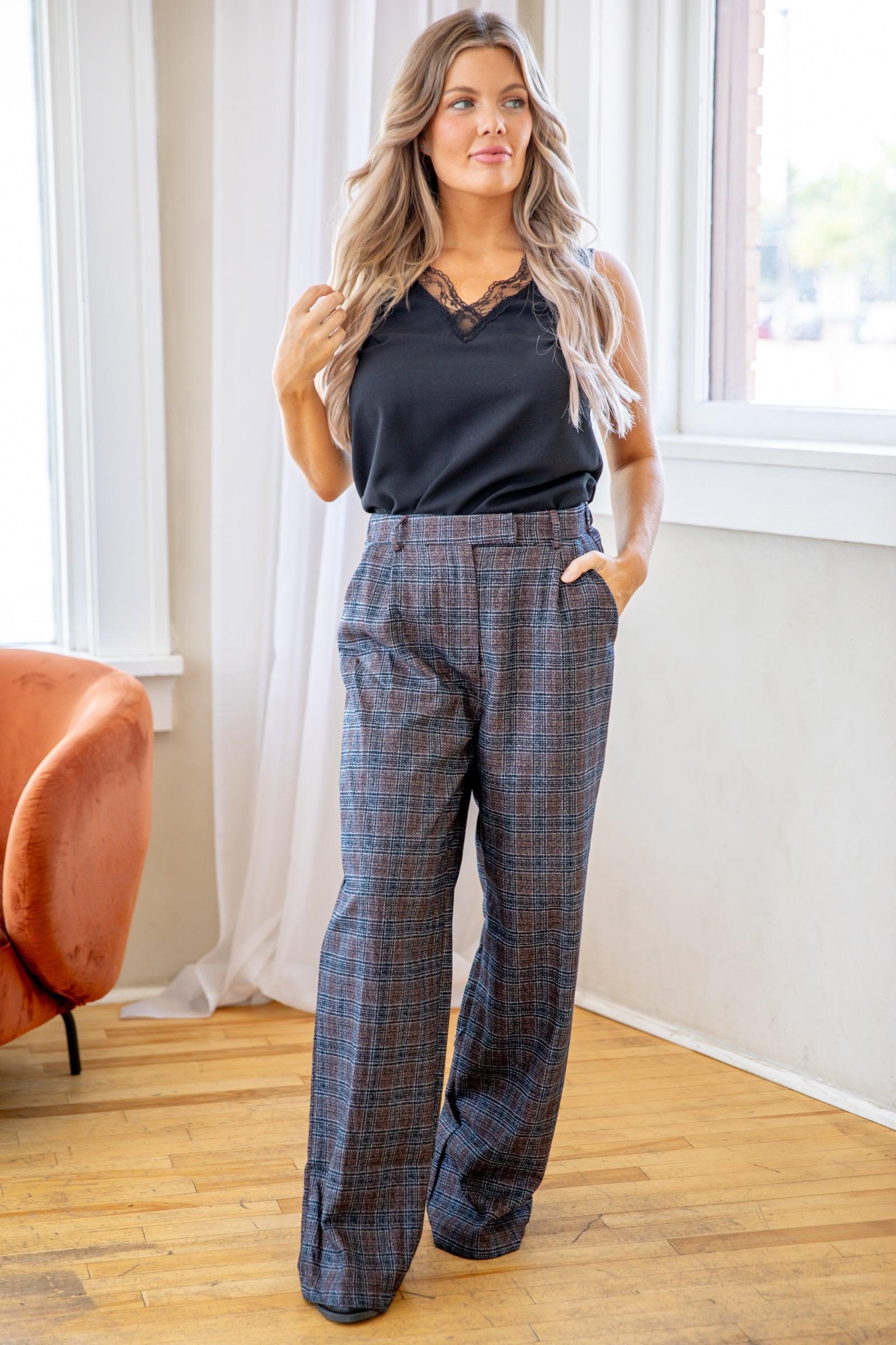 Brown and Navy Plaid Wide Leg Trousers Product Image