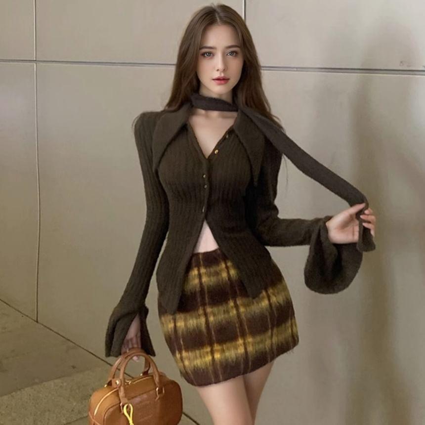 Set: Long-Sleeve Collared Plain Button Cardigan + Mid Waist Plaid Mini A-Line Skirt + Scarf Product Image