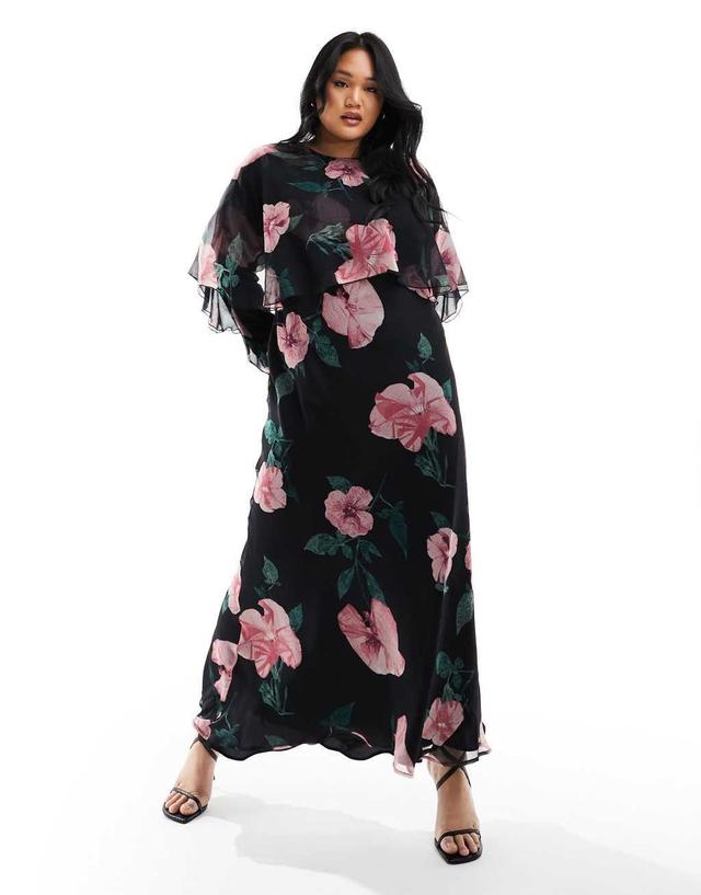 ASOS DESIGN Curve long sleeve ruffle bias maxi dress with cape detail Product Image