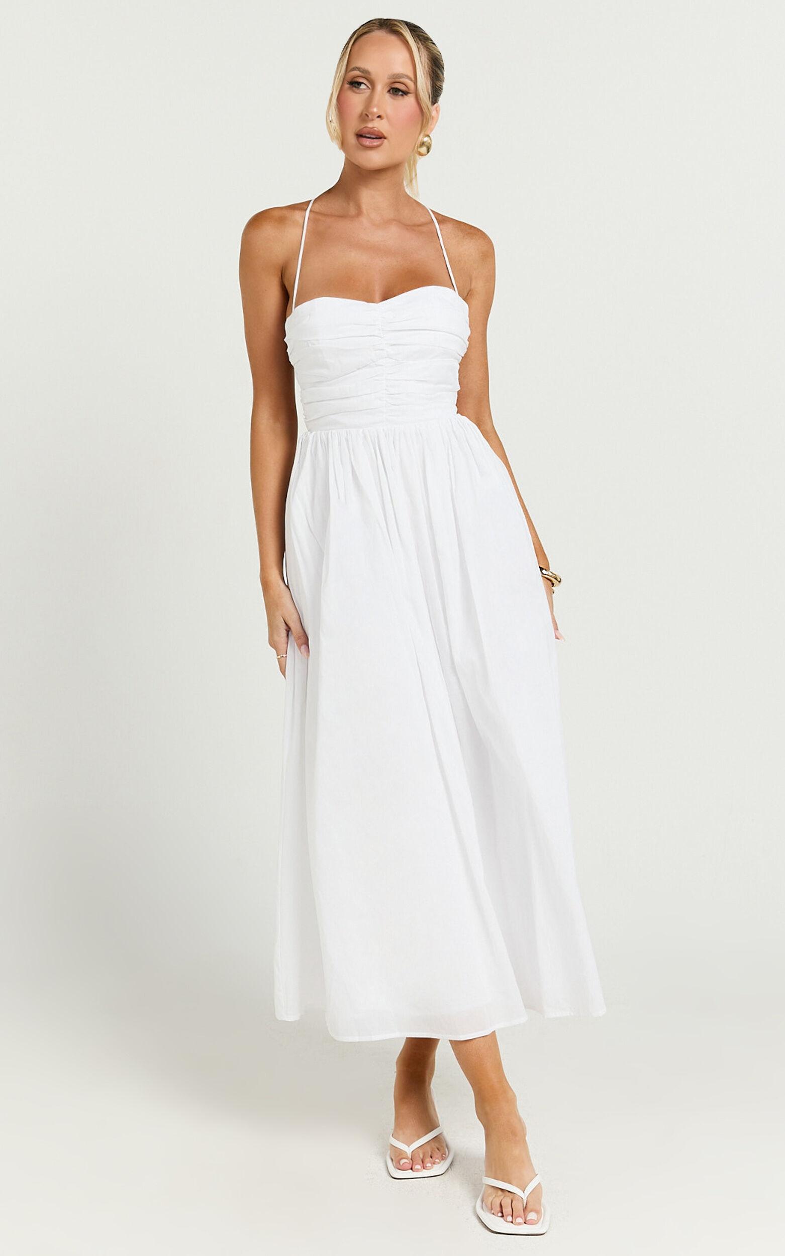 Caroline Midi Dress - Strapped Ruched Bodice Gathered Skirt Dress in White Product Image