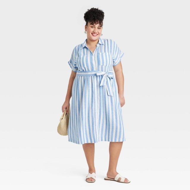 Womens Short Sleeve Tie-Front Midi Shirtdress - Ava & Viv Blue Striped XXL Product Image