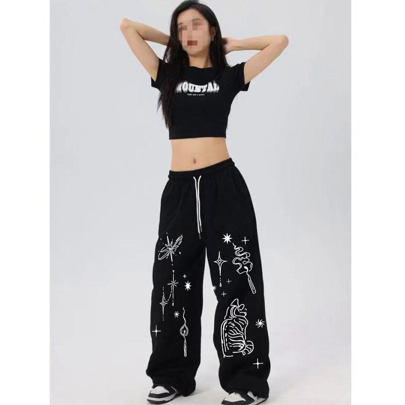 Drawstring Waist Patterned Print Wide Leg Sweatpants Product Image