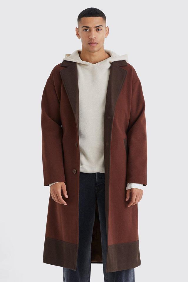 Longline Colour Block Belted Overcoat | boohooMAN USA Product Image