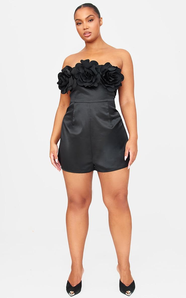 Black Satin Floral Corsage Detail Bandeau Romper Product Image