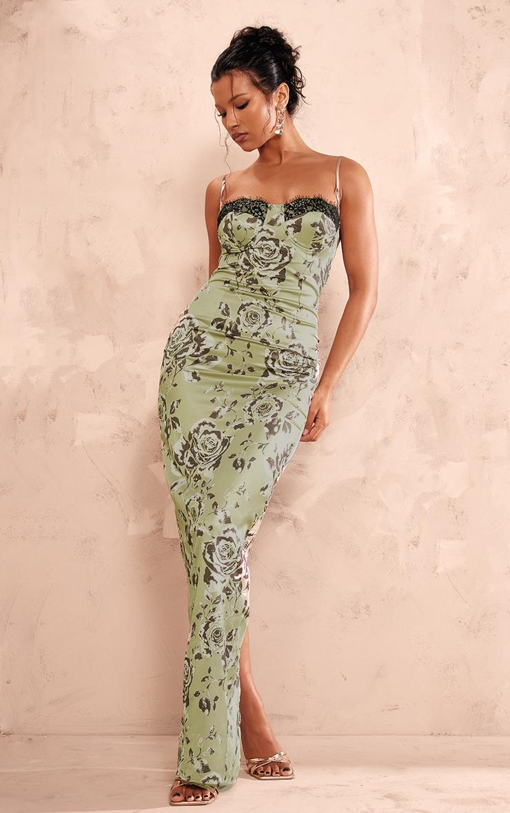 Green Satin Print Lace Trim Maxi Dress Product Image