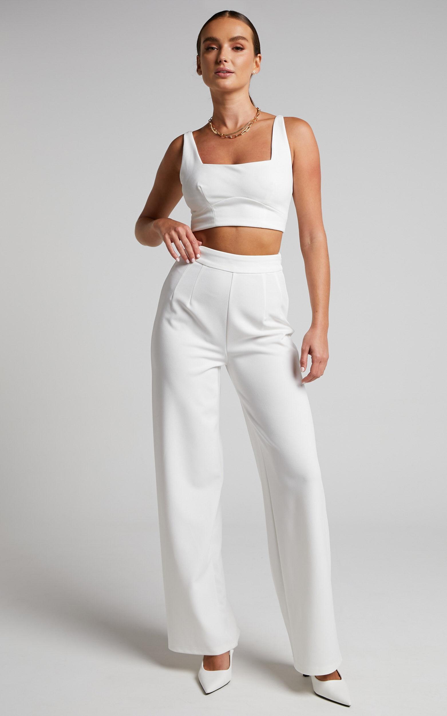 Elibeth Two Piece Set - Crop Top and High Waisted Wide Leg Pants Set in White Product Image