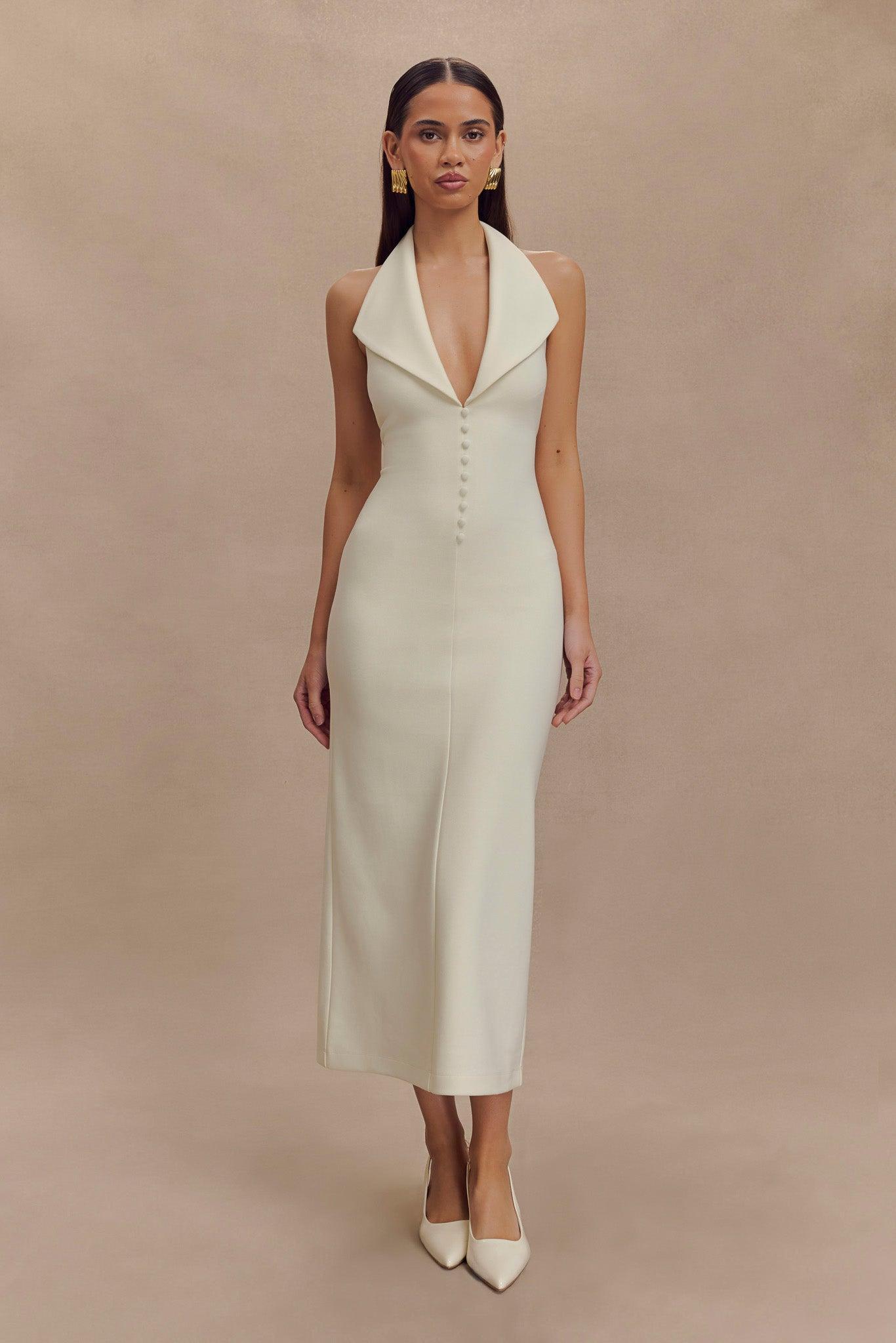 Annita Crepe Halter Midi Dress - Ivory Product Image