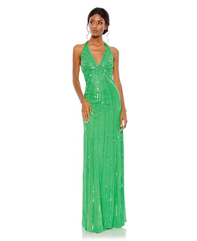 Womens Crystal Embellished Cascade Open Back Column Gown Product Image