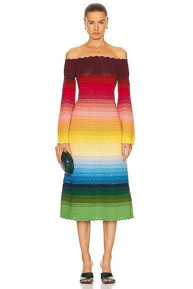 Oscar de la Renta Off Shoulder Rainbow Ombre Crochet Knit Dress in Red,Yellow Product Image