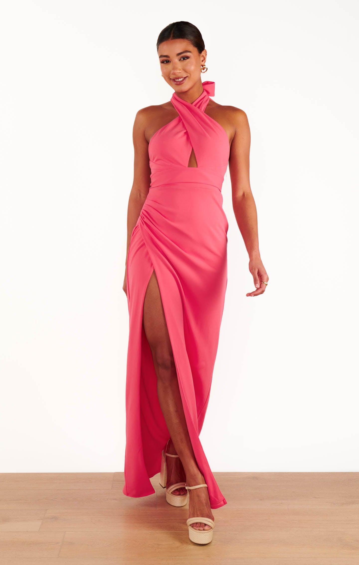 Adele Halter Maxi Dress ~ Flamingo Pink Stretch Product Image