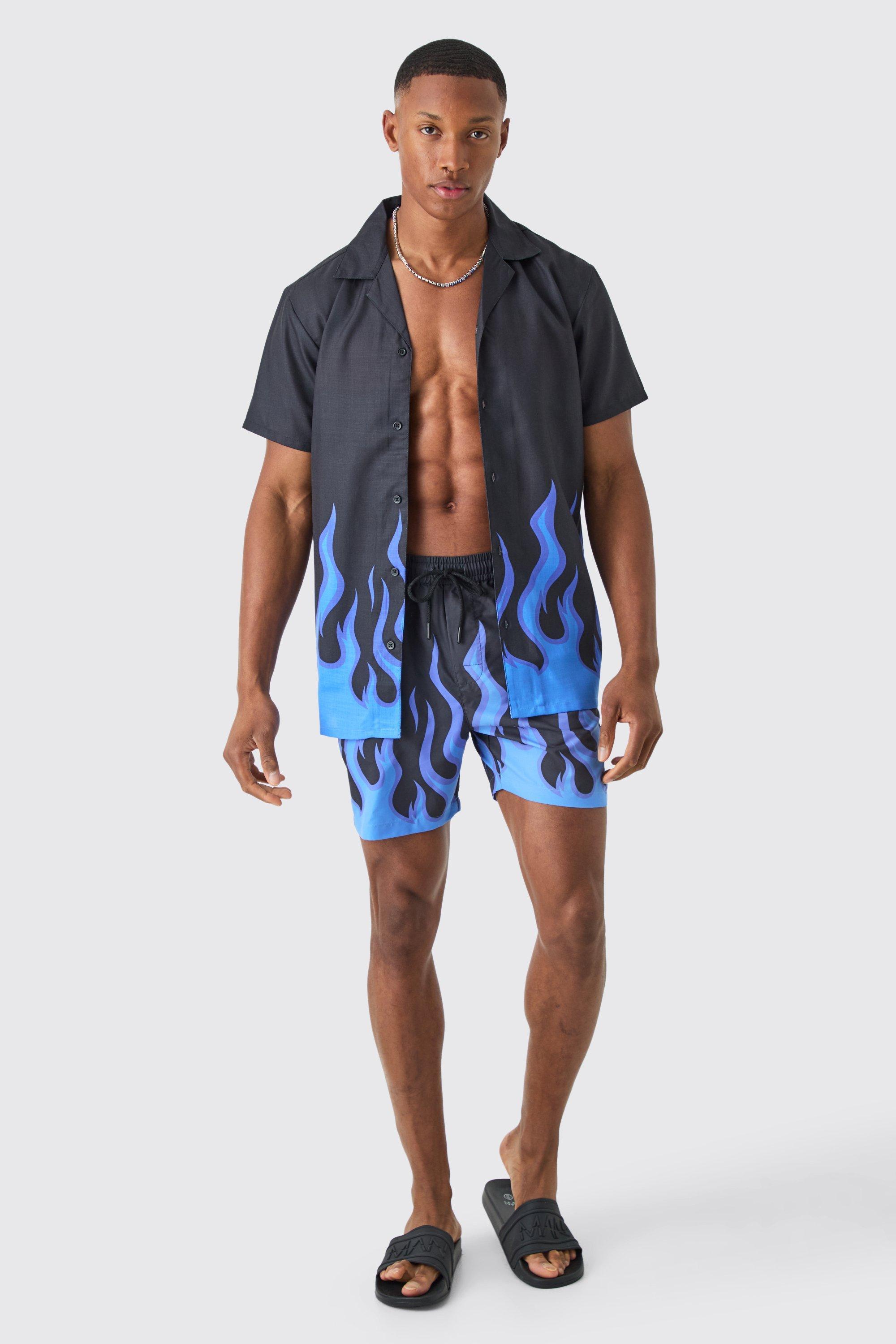 Short Sleeve Printed Flame Shirt & Swim Set | boohooMAN USA Product Image