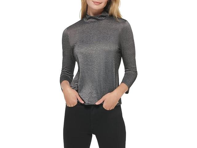 Calvin Klein 3/4 Sleeve with Shirred Shoulder Silver) Women's Clothing Product Image