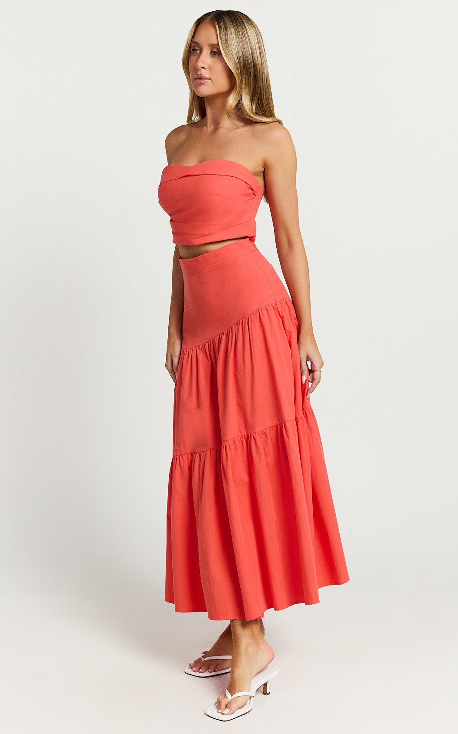 Schiffer Two Piece Set - Strapless Top and Tiered Midi Skirt in Red Product Image