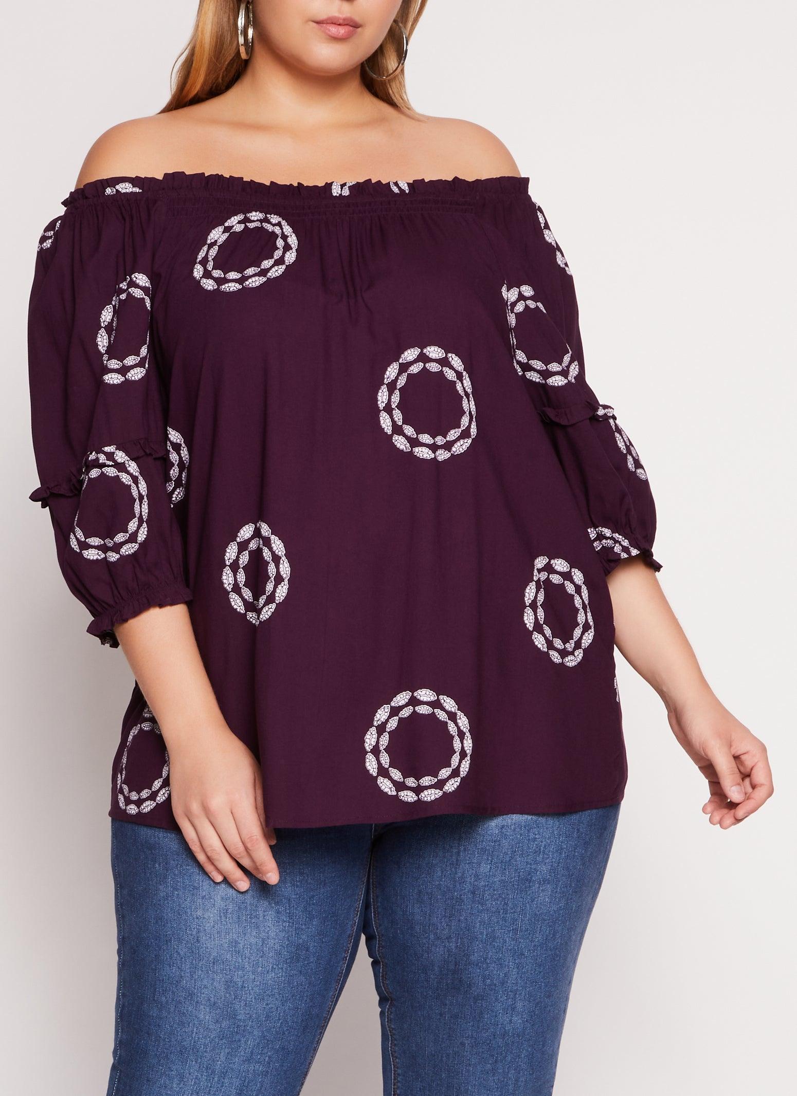 Womens Plus Size Printed Off The Shoulder Puff Sleeve Blouse Product Image