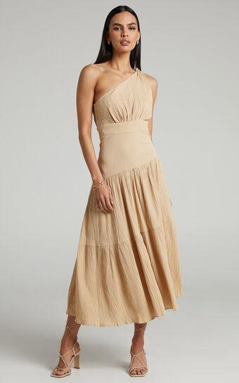 Celestia Midi Dress - Tiered One Shoulder Dress in Sand Product Image