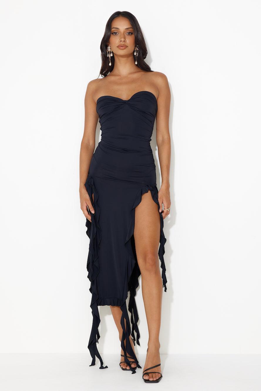 HELLO MOLLY All The Frills Strapless Midi Dress Black Product Image