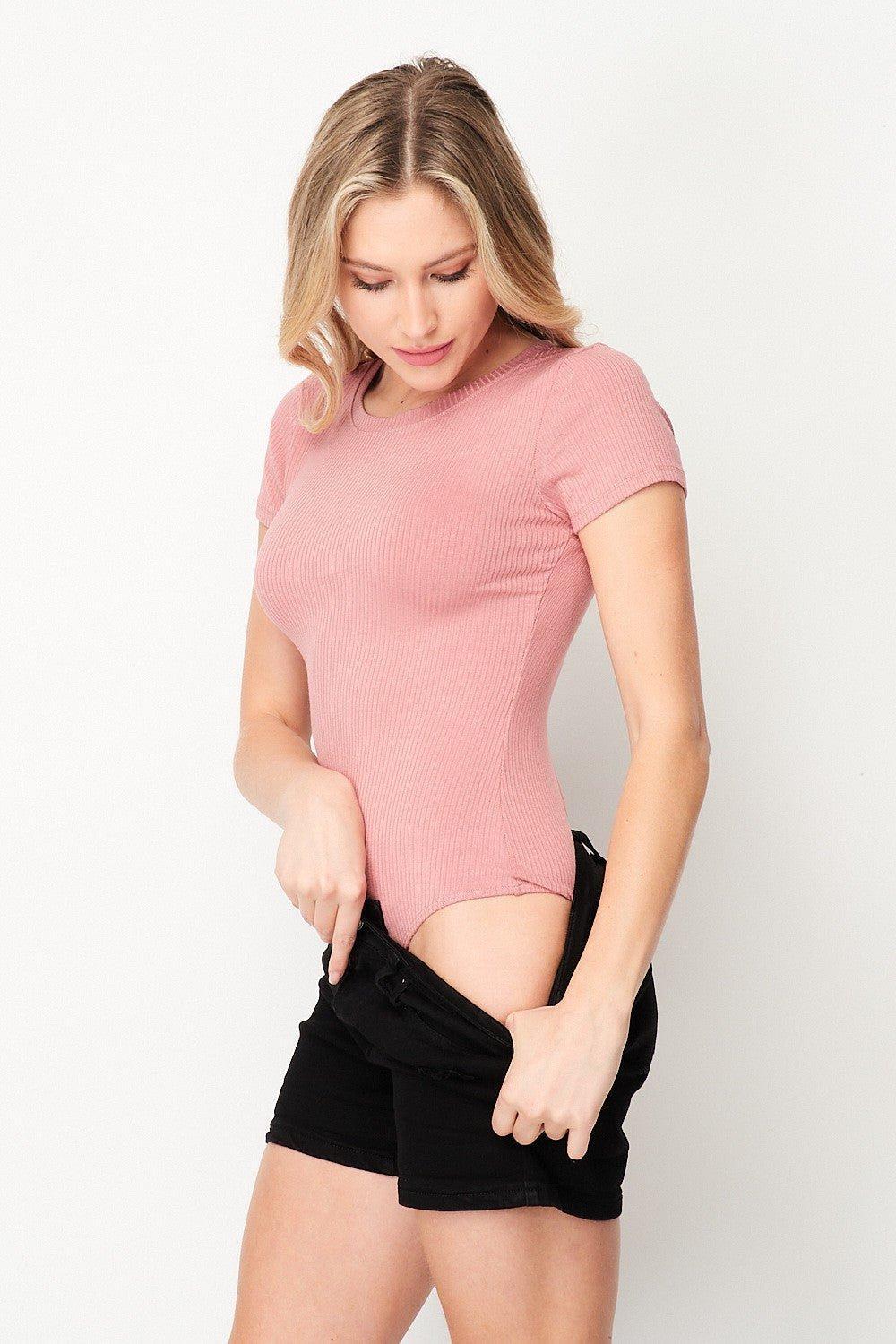 Solid Rib Knit Short Sleeve Bodysuit - 2 Colors Product Image