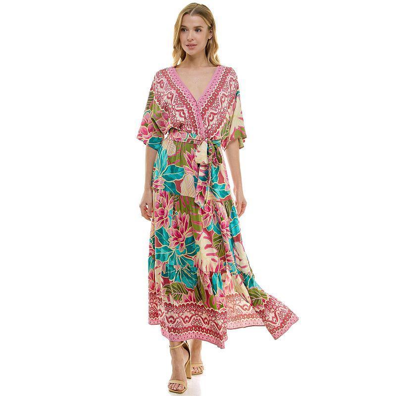 Womens Figueroa & Flower Printed V-Neck Belted Maxi Dress Wine Blue Product Image